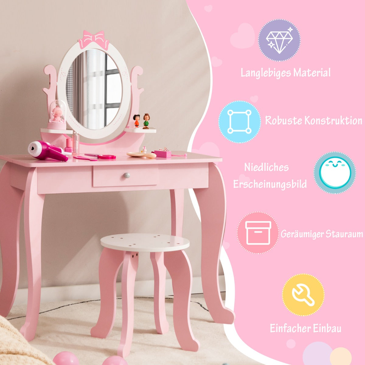 i – sminkbord för barn i trä med pall i åldrarna + – 2 1 3-7 – Rosa