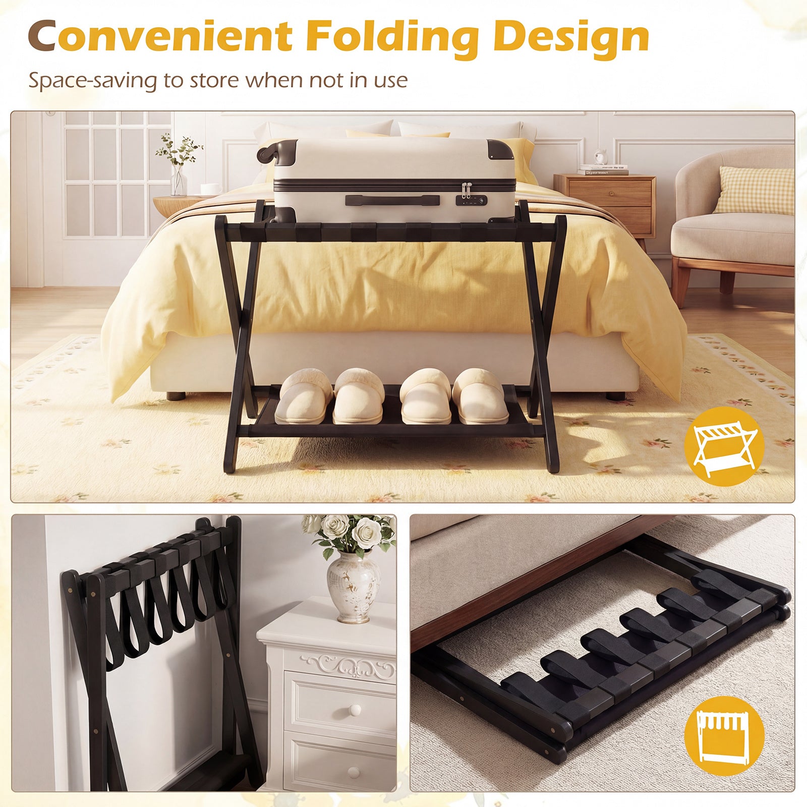 pack – Fällbar resväska ställning av gummiträ med hyllor upp till – 2 2 50 kg 67 x 46 x 52 cm – Svart