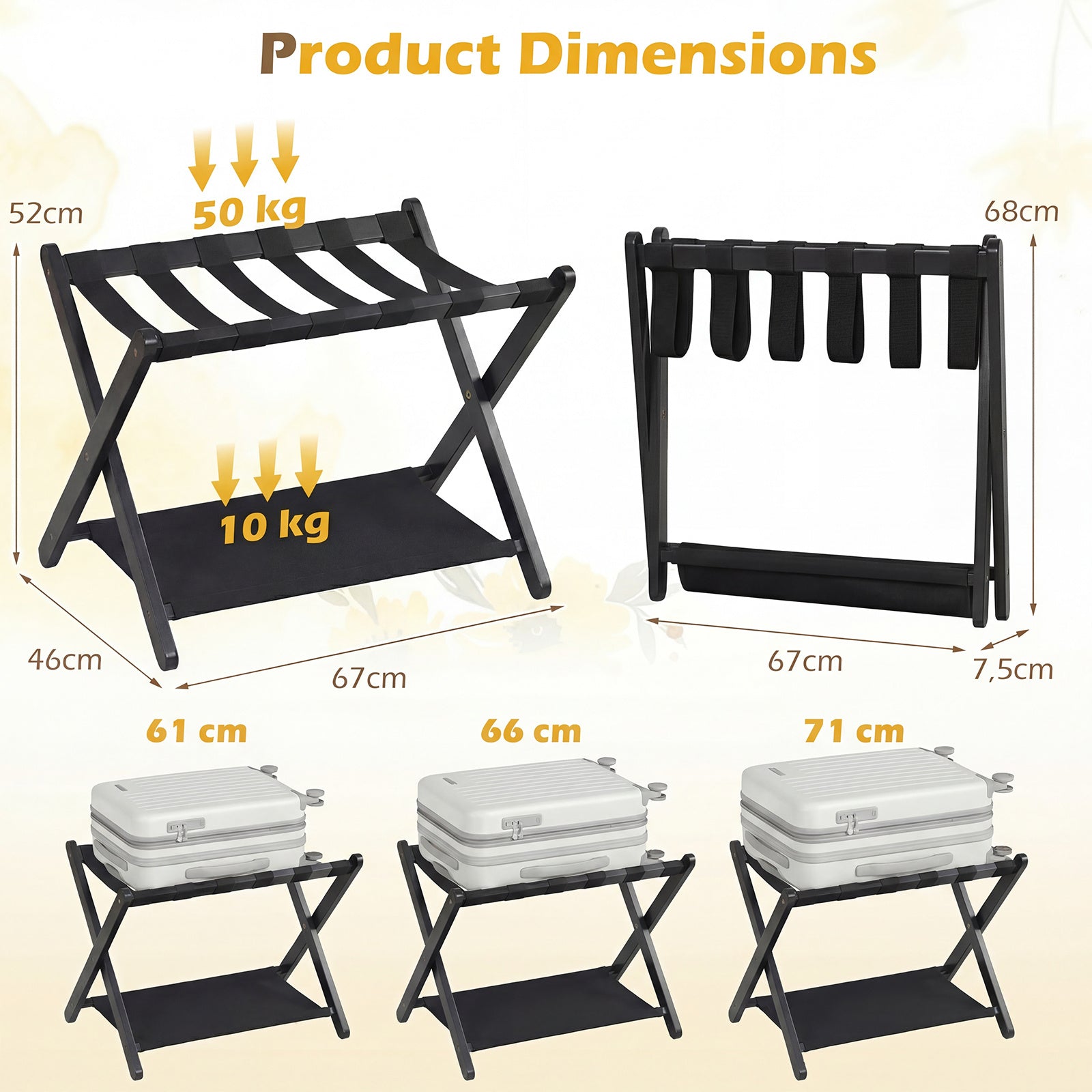 pack – Fällbar resväska ställning av gummiträ med hyllor upp till – 2 2 50 kg 67 x 46 x 52 cm – Svart