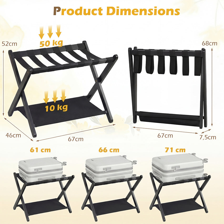 pack – Fällbar resväska ställning av gummiträ med hyllor upp till – 2 2 50 kg 67 x 46 x 52 cm – Svart