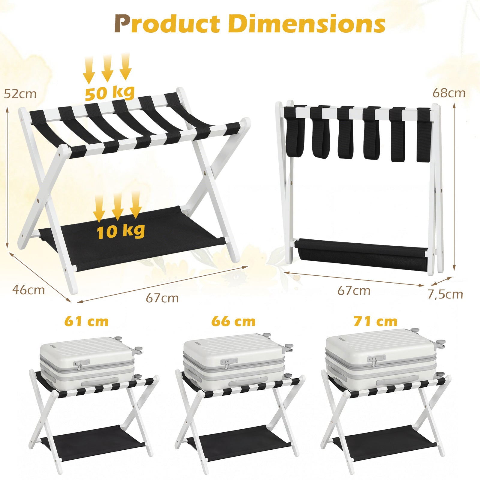 pack – Fällbar resväska ställning av gummiträ med hyllor upp till – 2 2 50 kg 67 x 46 x 52 cm – Vit