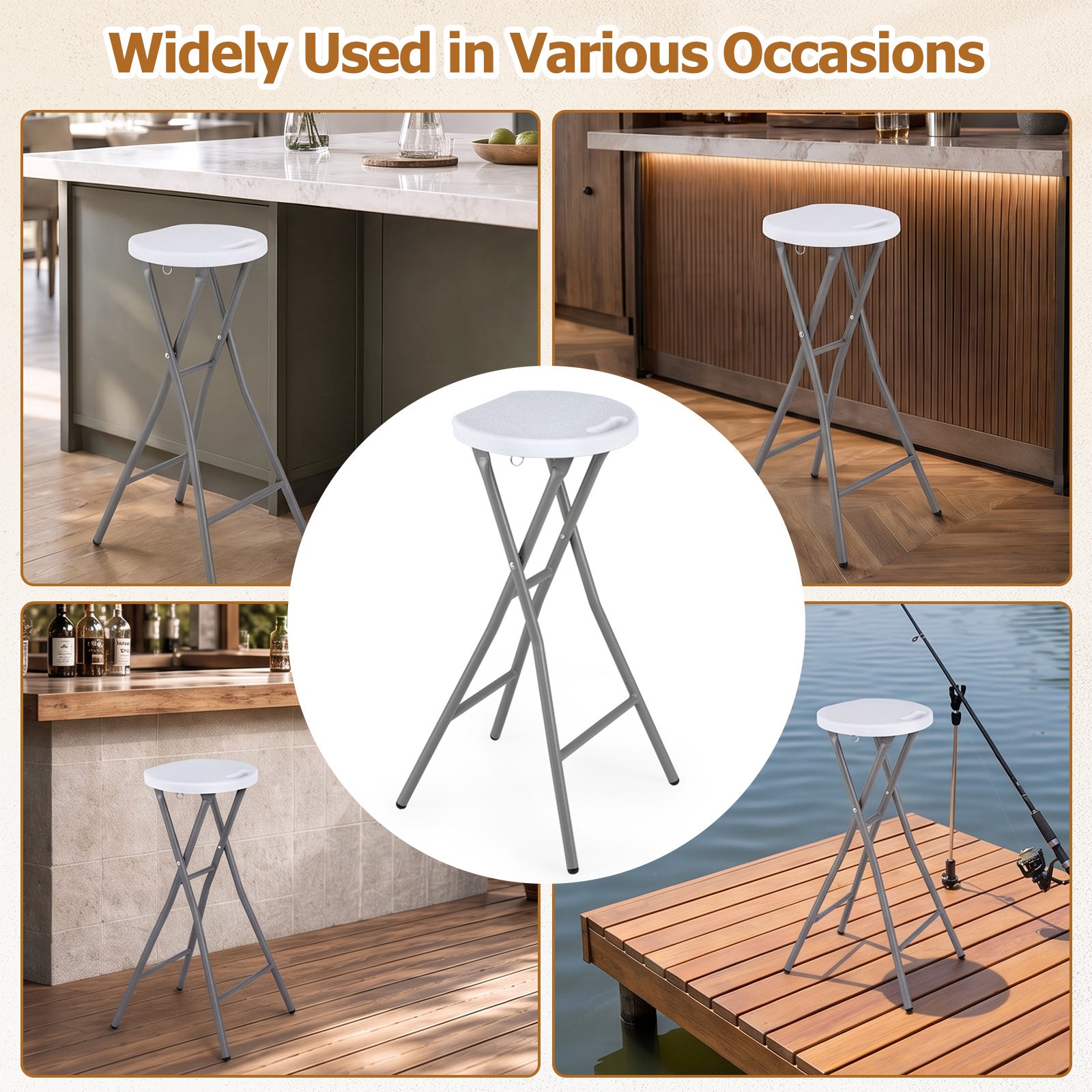 2‑pack – hopfällbara barstolar med HDPE‑sits och inbyggt bärhandtag, klarar belastning upp till kg, vita – 150