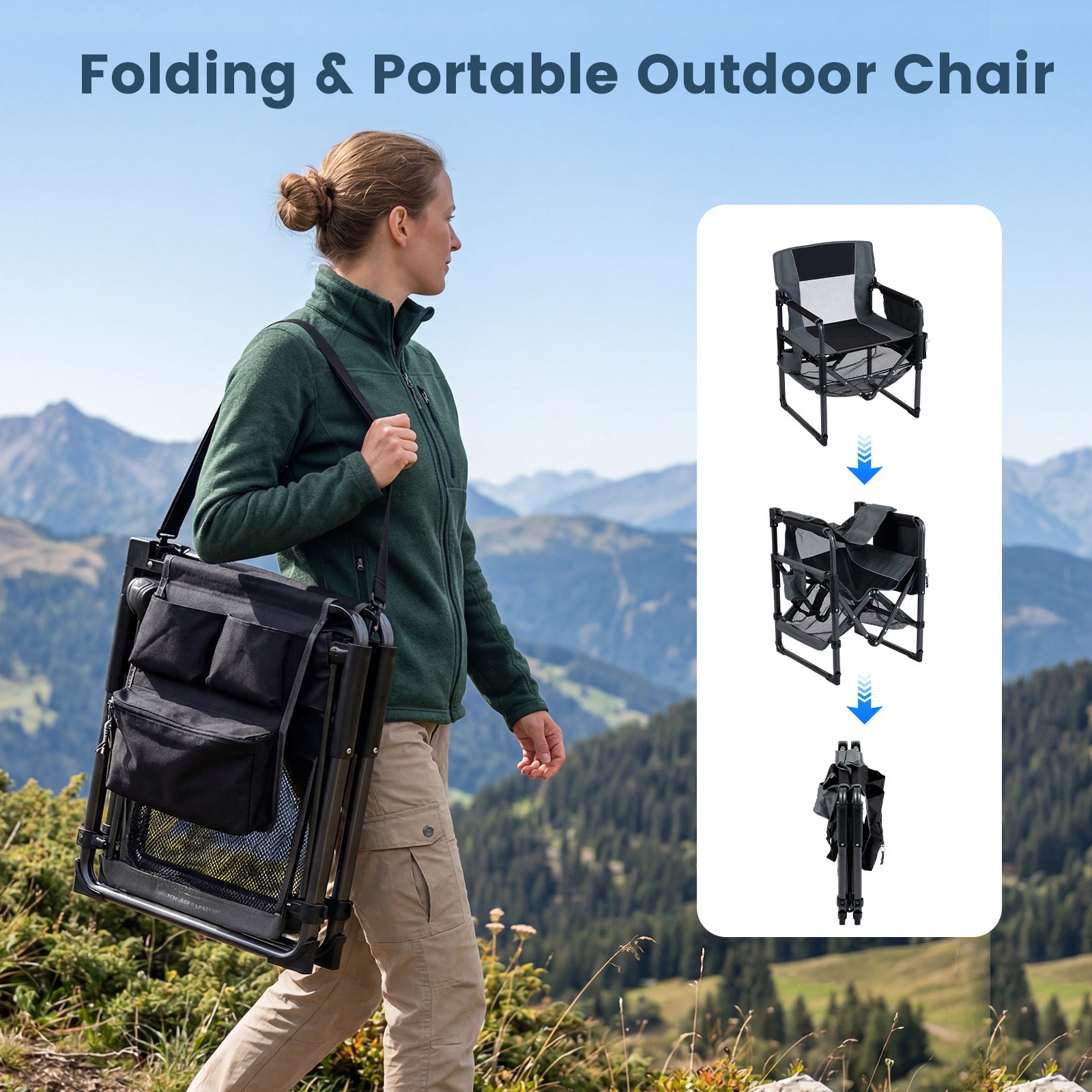 2‑pack – regissörsstol hopfällbar, campingstol med nätfack, dryckeshållare och flasköppnare, maxbelastning – 150 kg