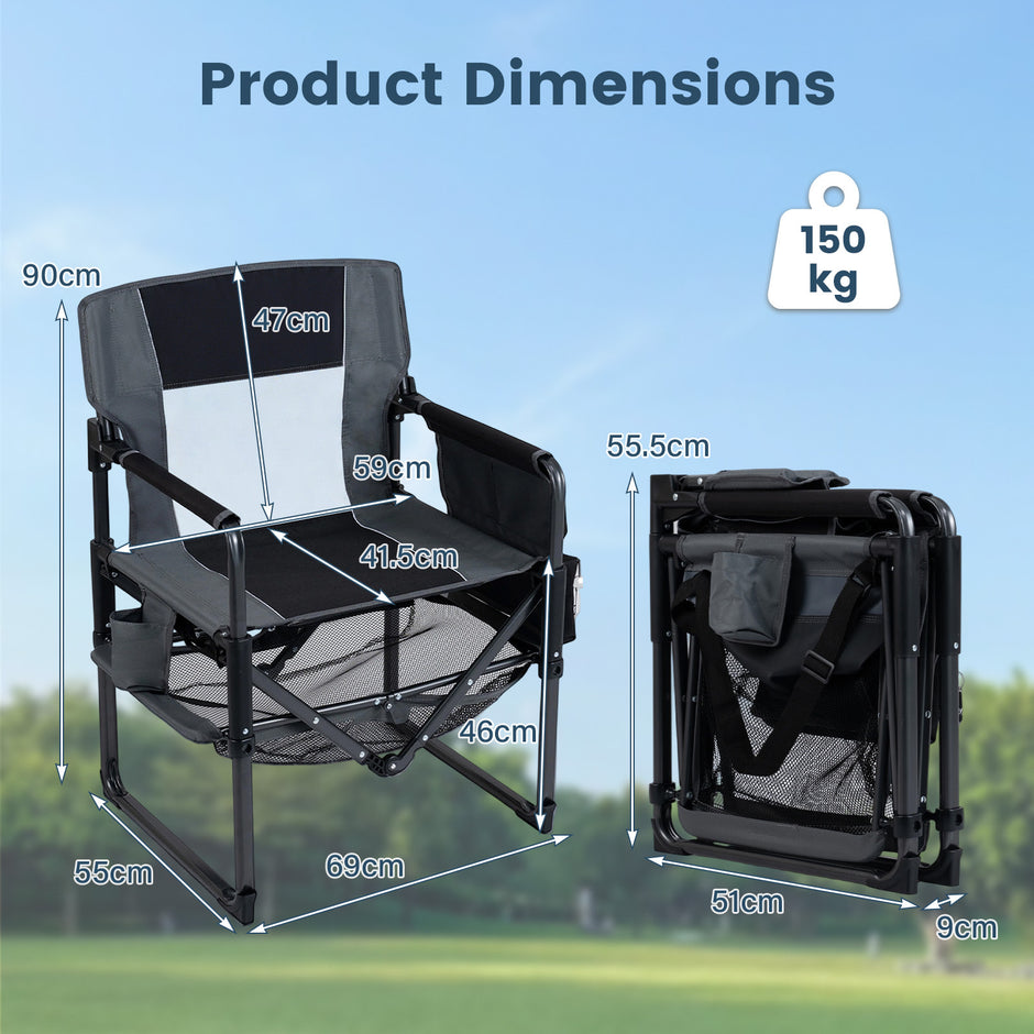 2‑pack – regissörsstol hopfällbar, campingstol med nätfack, dryckeshållare och flasköppnare, maxbelastning – 150 kg