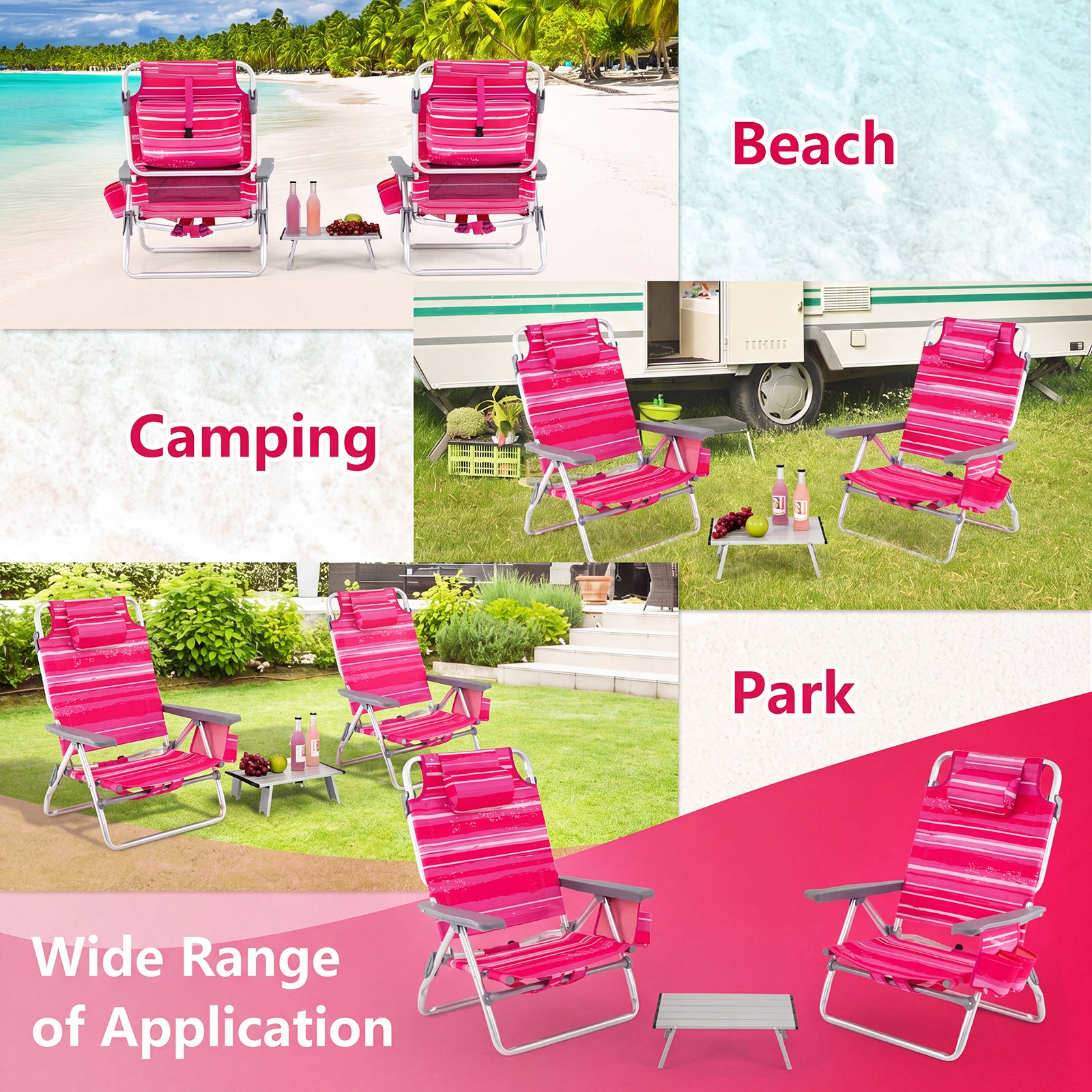 pack – strandstolar med bord, hopfällbara campingstolar justerbart ryggstöd – 2 – Rosa