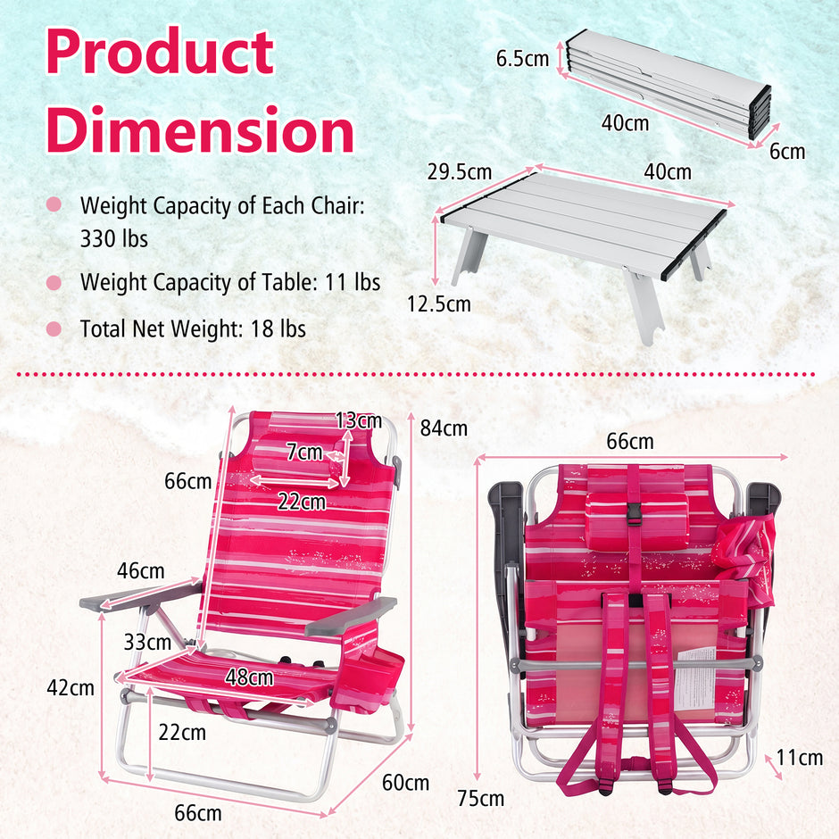 pack – strandstolar med bord, hopfällbara campingstolar justerbart ryggstöd – 2 – Rosa