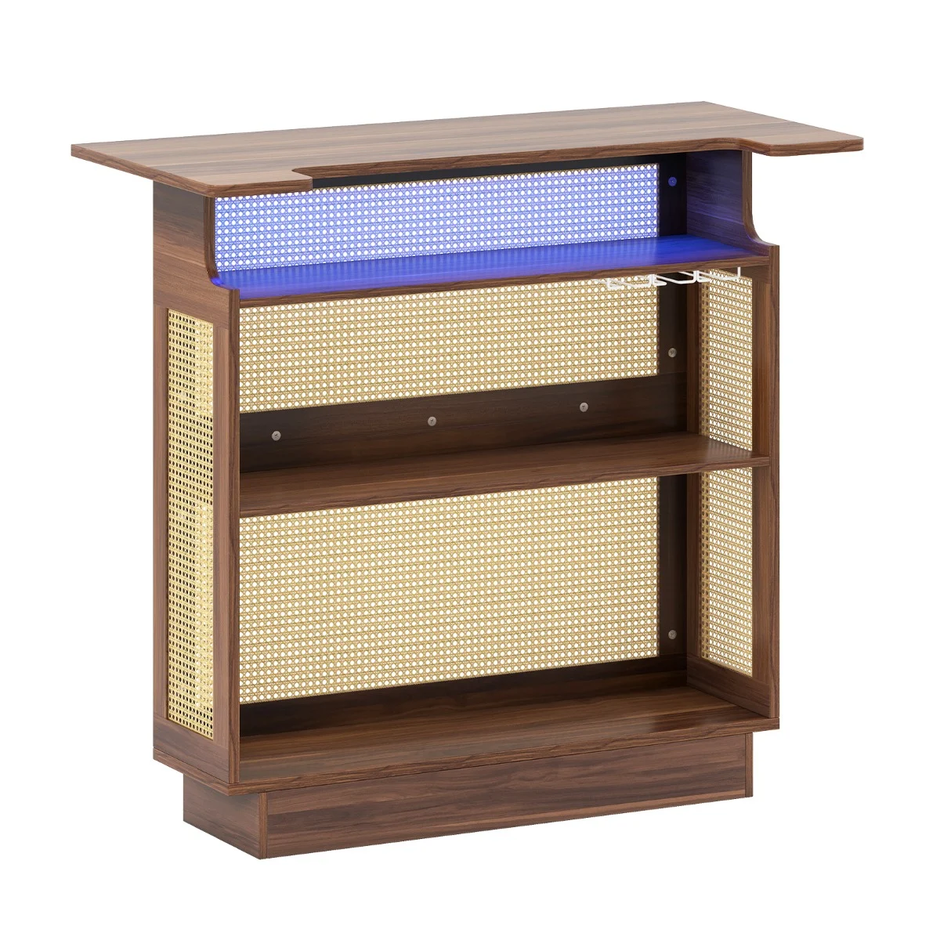 LED rotanbar – med rader glasställ och hyllor Vinkyl RGB belysning – 3 3 – Brun