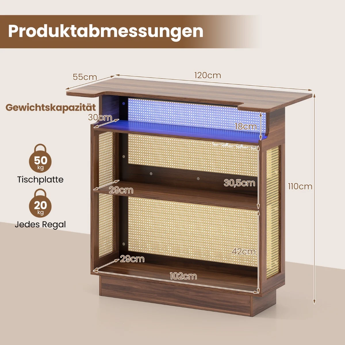 LED rotanbar – med rader glasställ och hyllor Vinkyl RGB belysning – 3 3 – Brun
