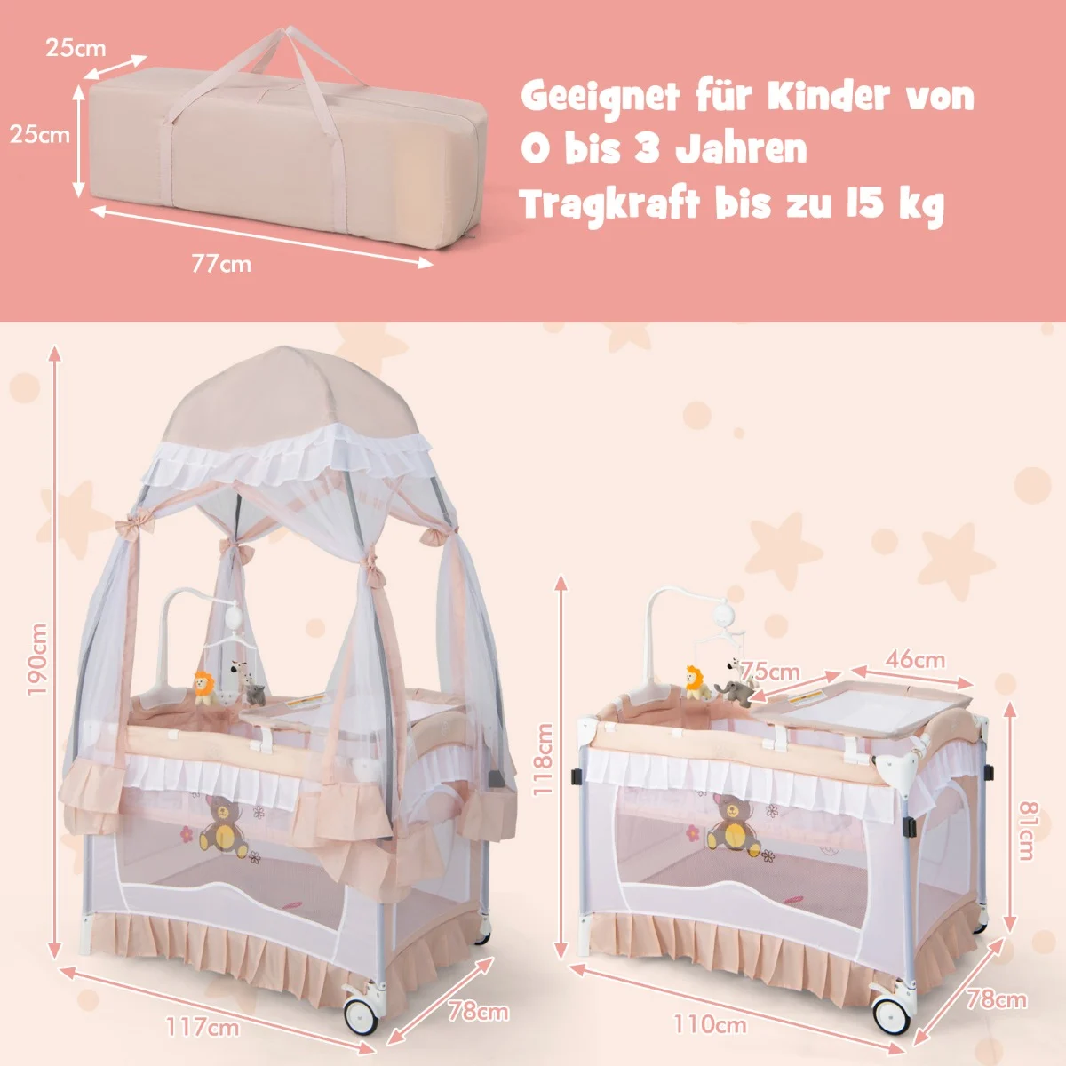 i – babysäng med avtagbar baldakin Resesäng madrass Extrasäng hjul – 4 1 – Rosa