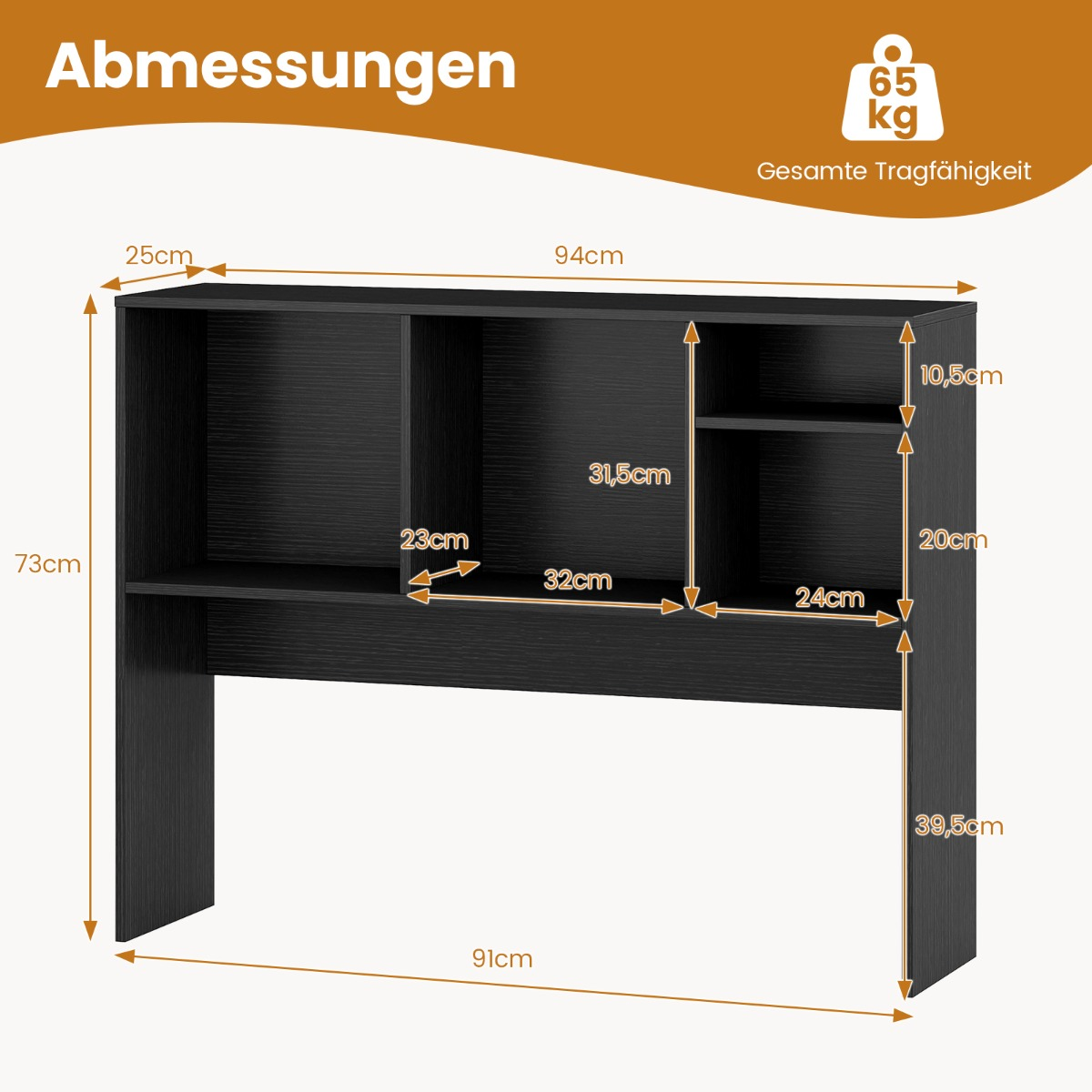 Skrivbords – hyllor med fack – 4 94 x 25 x 73 cm – Svart