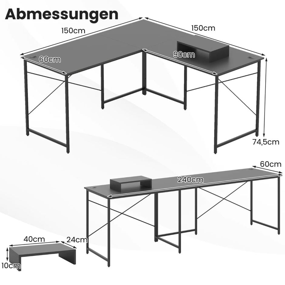 Skrivbord – L formad vändbart med laddningsstation Kontorsbord Grått – Grå