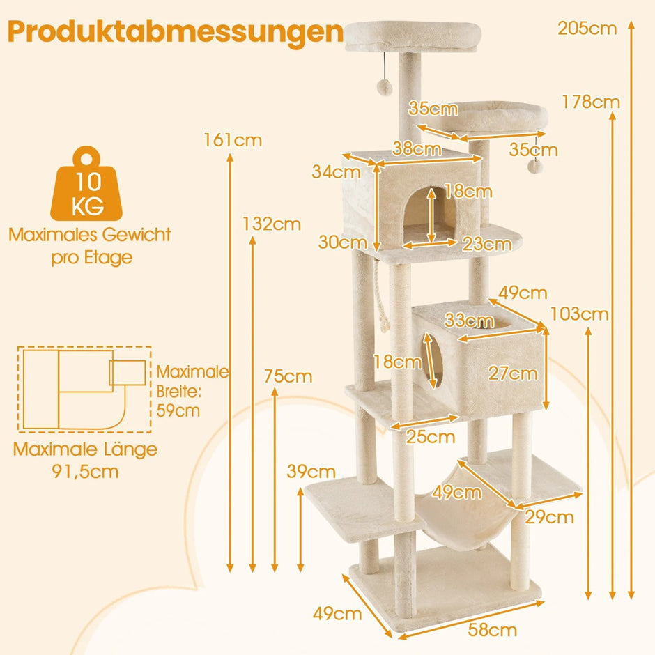 Stor – klösstång, flerstegs med grottor, liggytor, sisal klösstolpe – 2 2 205 cm – Beige