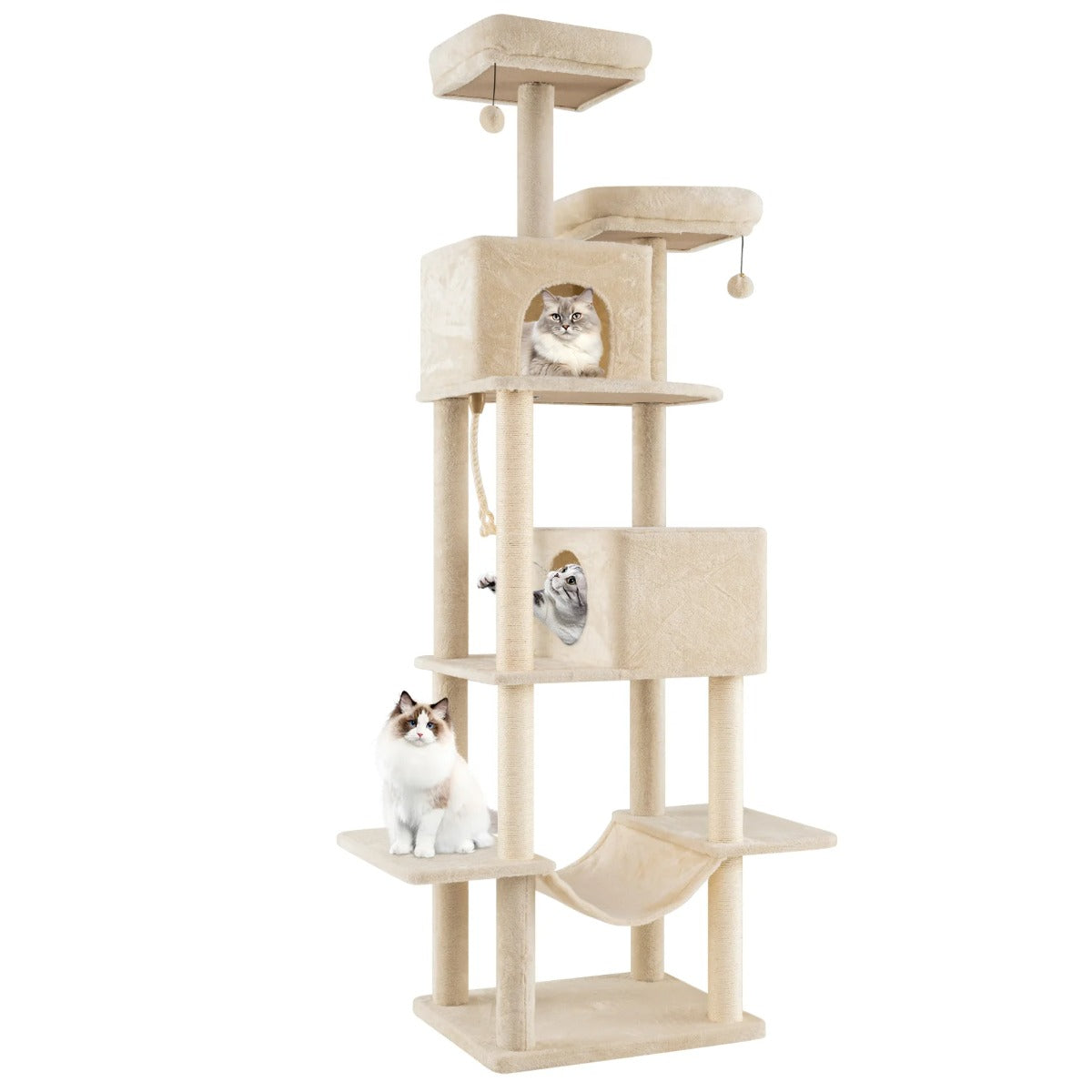Stor – klösstång, flerstegs med grottor, liggytor, sisal klösstolpe – 2 2 205 cm – Beige