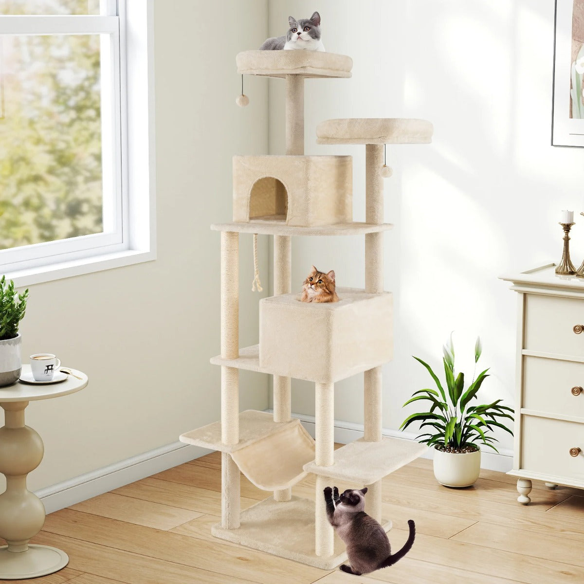 Stor – klösstång, flerstegs med grottor, liggytor, sisal klösstolpe – 2 2 205 cm – Beige