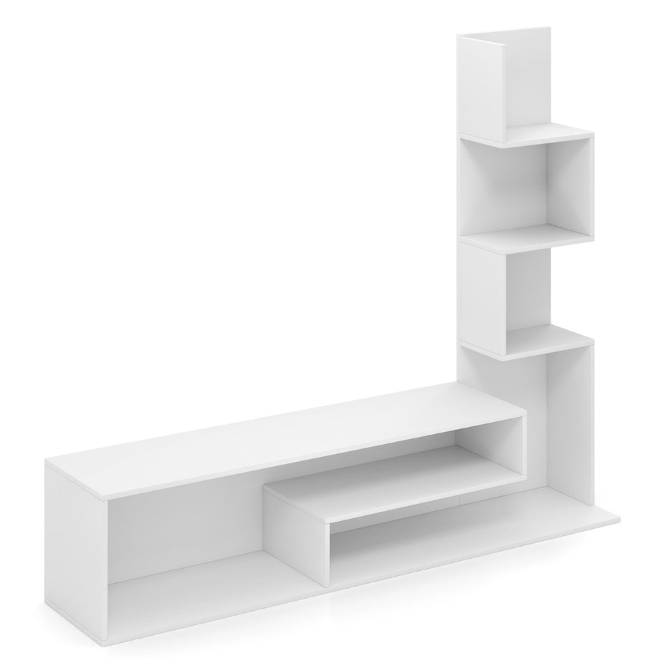 TV skåp – i trä, bord med bokhylla för apparater upp till 50" – 144,5 x 29,5 x 121 cm – Vit