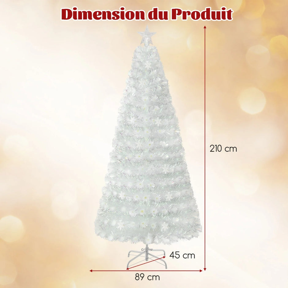 Konstgjord – julgran med färgglada LED lampor, glasfiber och stjärna i toppen – 210 cm – Vit