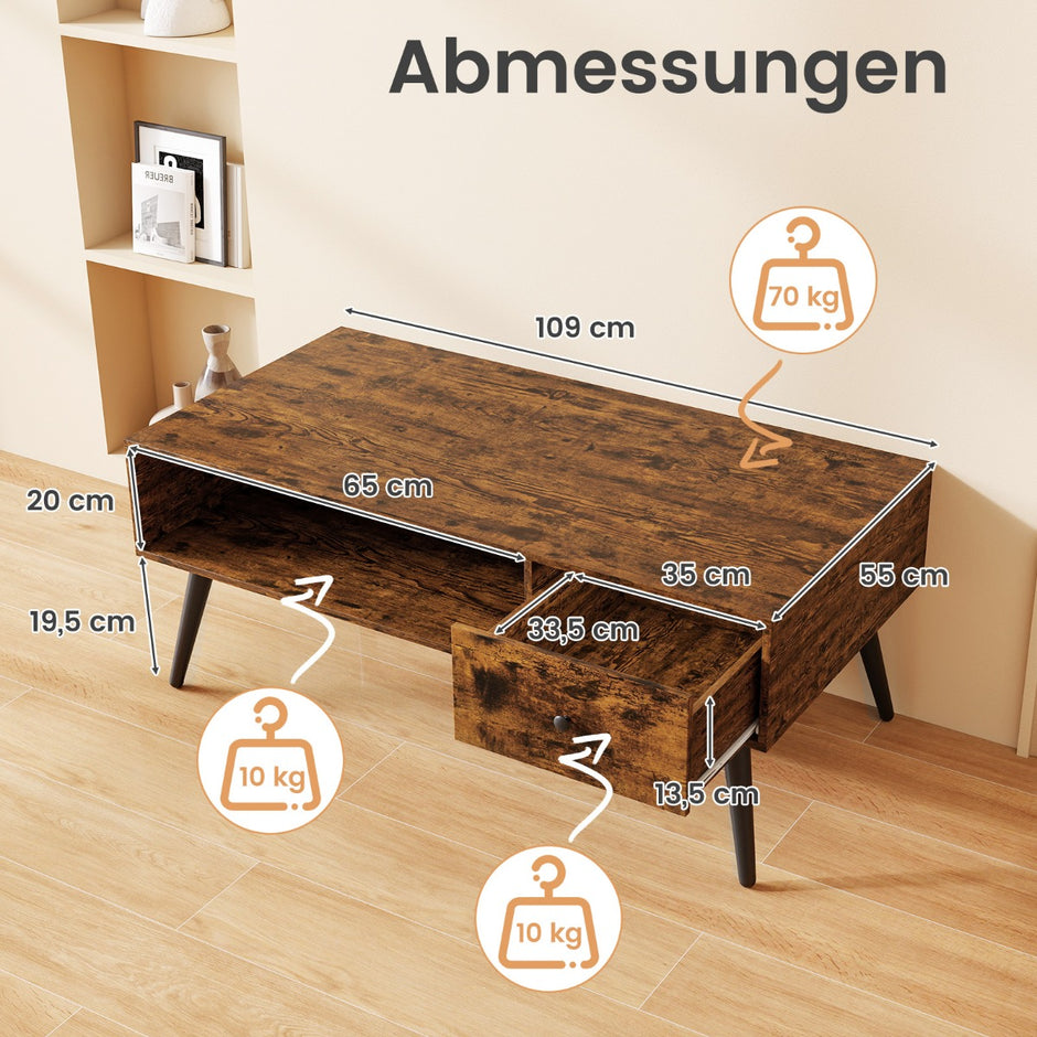 Soffbord – med låda för förvaring öppen hylla vardagsrumsbord Rustik brunt – 109 x 55 x 39,5 cm – Rustik brun