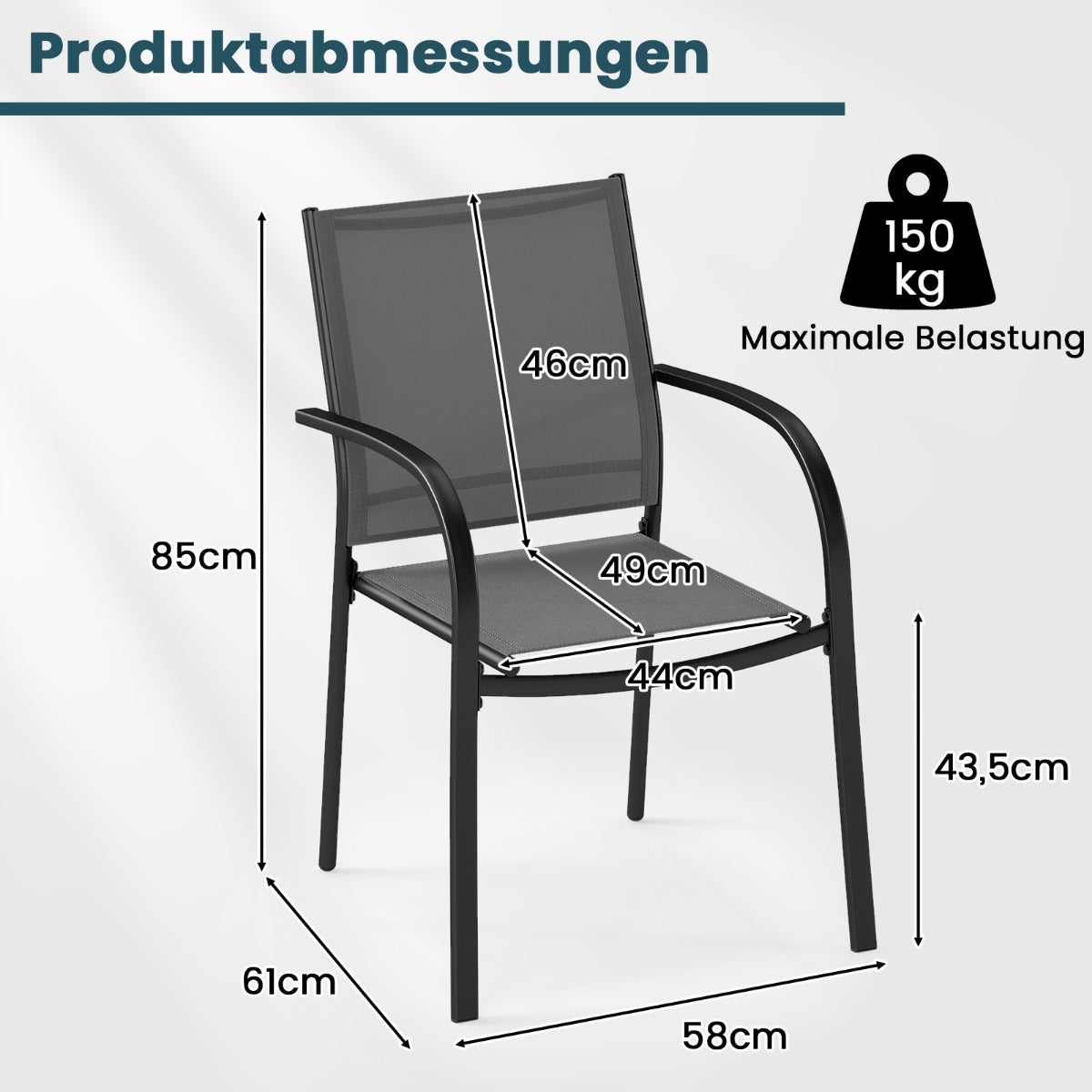 Staplingsbara – trädgårdsstolar pack Stapelstolar i Textilene och metallram Terrassstolar med armstöd – 2 61 x 58 x 85 cm – Grå