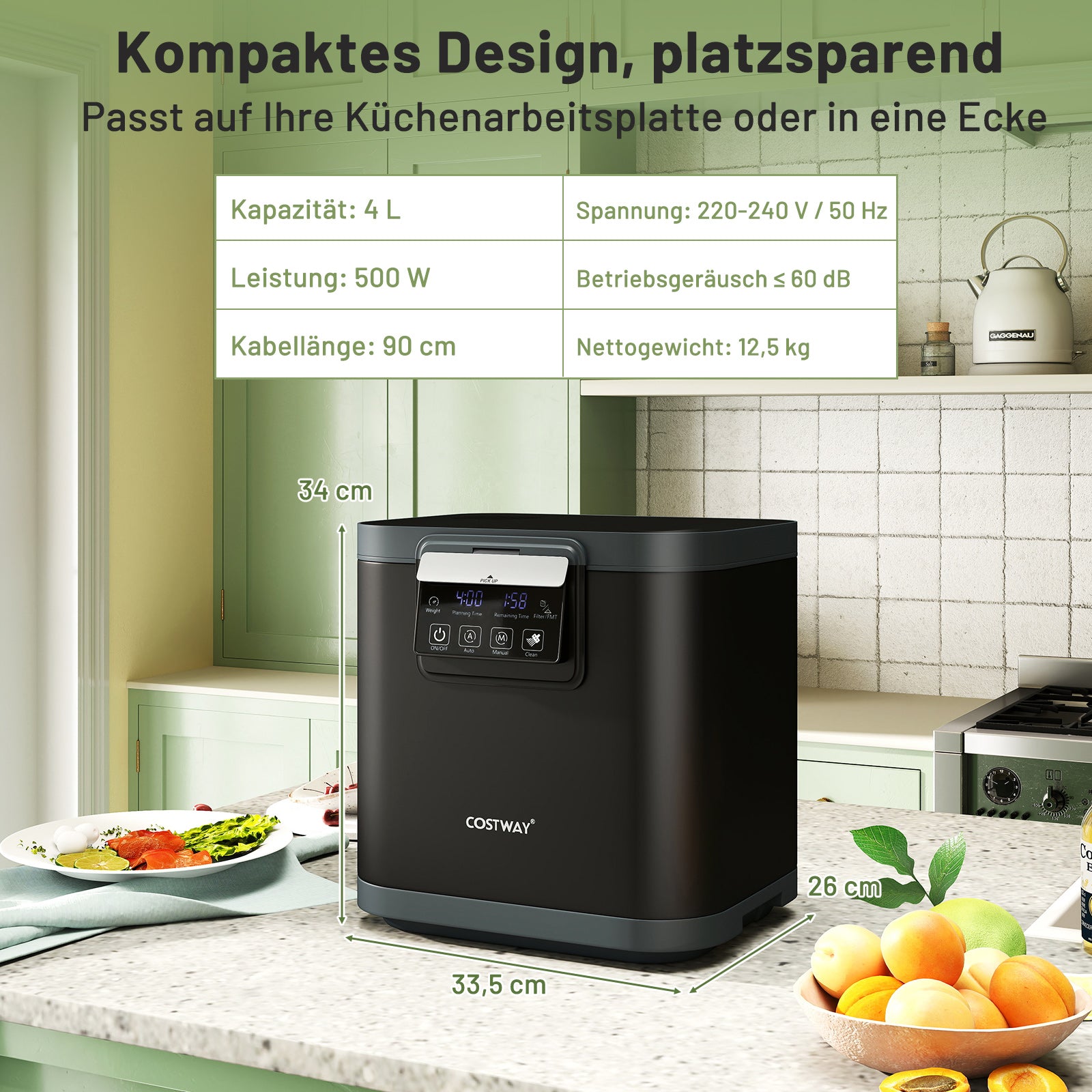 Elektrisk – komposter med lock aktivkolfilter och LED display – 4 L 2 – Svart