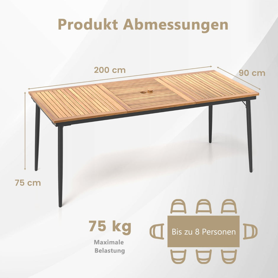 Trädgårdsbord – med parasollhål Terrassbord för personer Rektangulärt balkongbord i akaciaträ – 8 – Natur