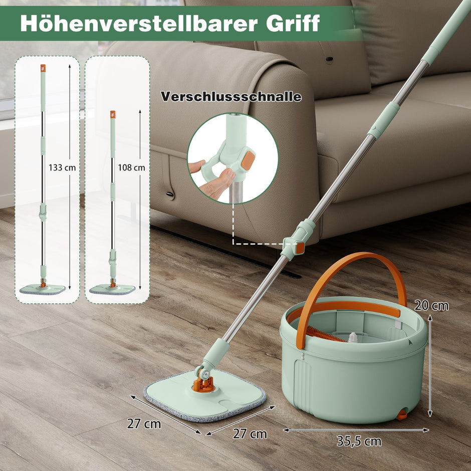 4L – mopp och hink med vridpress 360° vridbar huvud Platt – Grön
