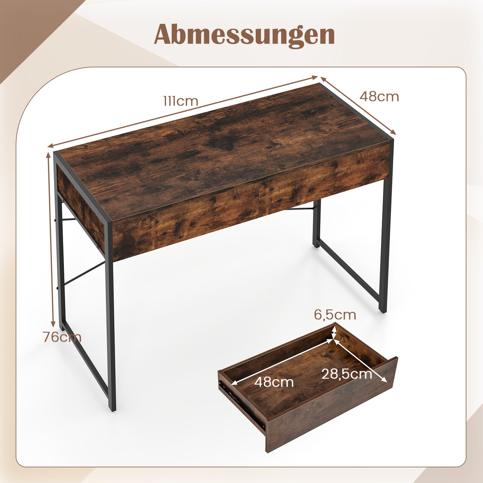 Datorbord – med lådor Kompakt skrivbord Arbetsbord Sminkbord – 2 – Rustik brun