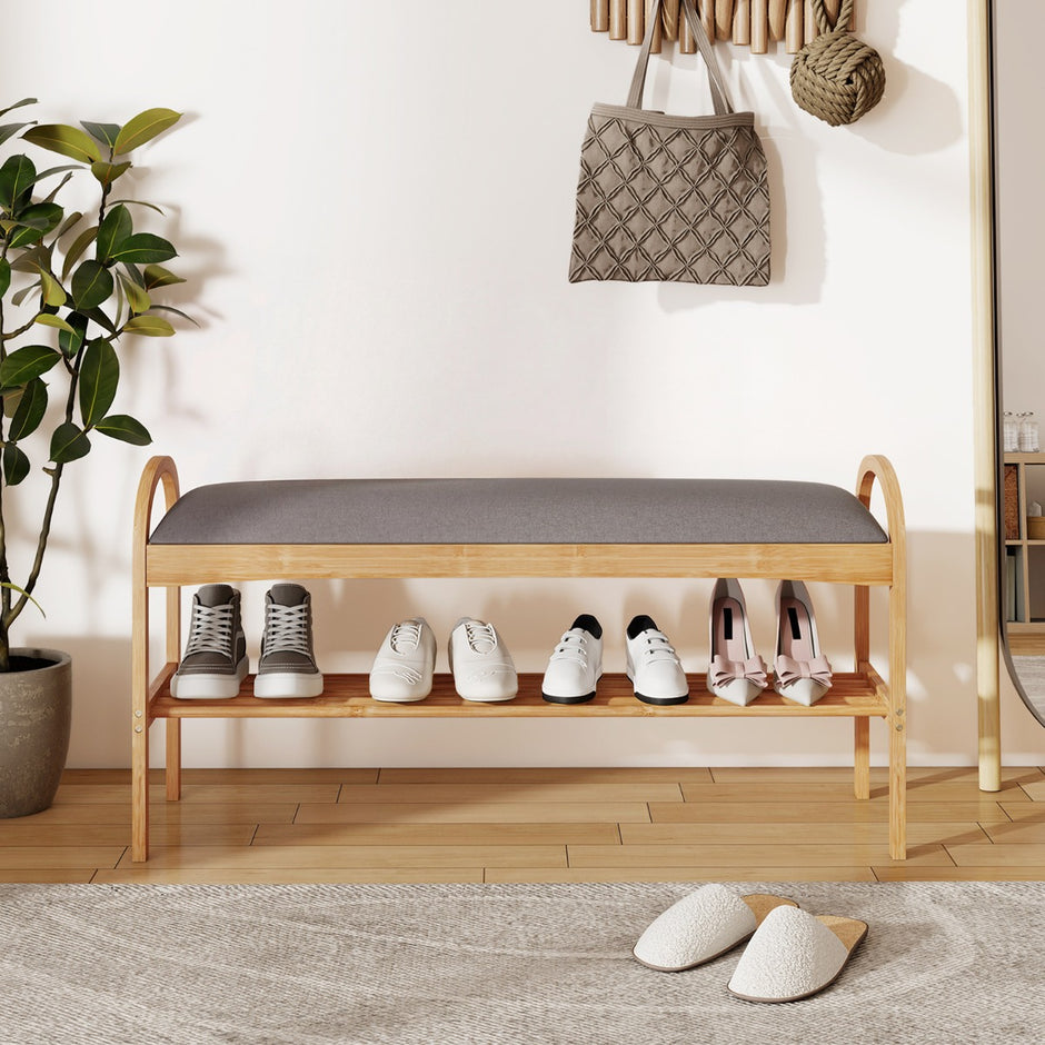 Sko – bänk med sittplats nivåer Vadderat kudde och bambusträram Skoskåpa – 2 – Grå