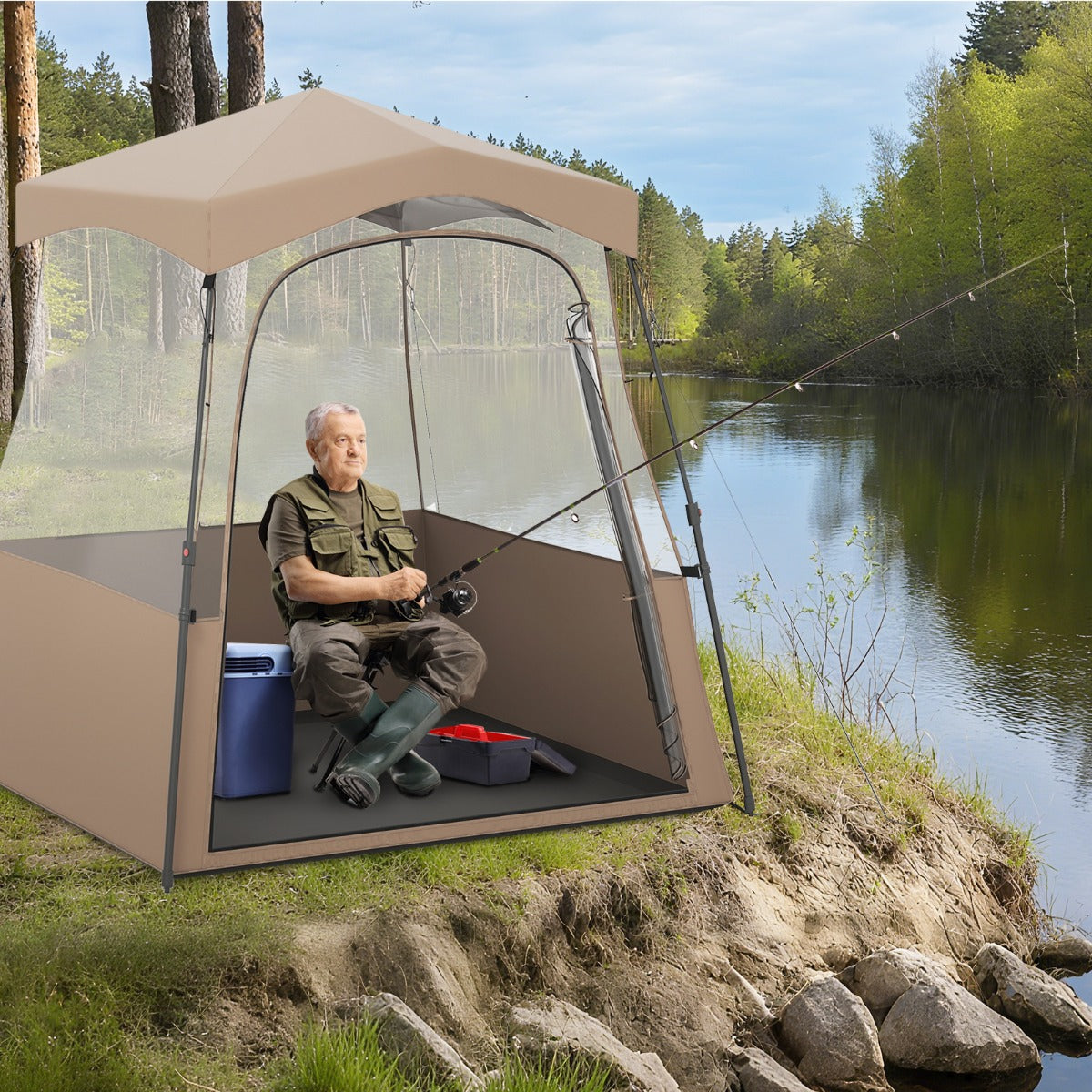 Sporttält – Transparent med klar sikt och Robust ram Bärväska – 180 x 180 x 193 cm – Brun