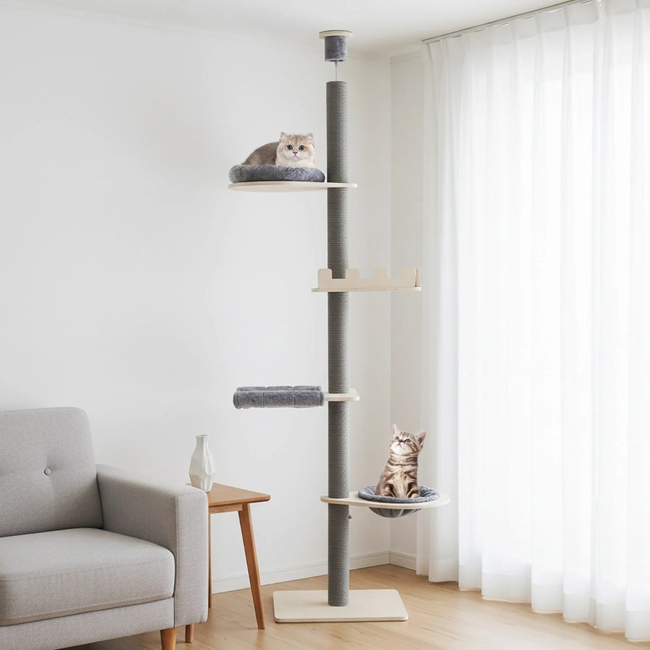 takhöjd – Kattklätterträd med hängmatta, korg och säng våningars – 236-271 cm 5 – Grå