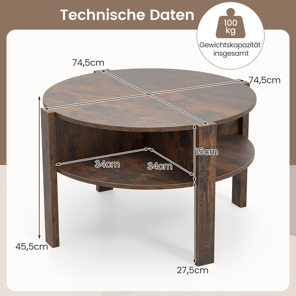 Rund – soffbord med förvaring vardagsrumsbord i trä hyllor kaffebord sidobord för – 4 – Brun