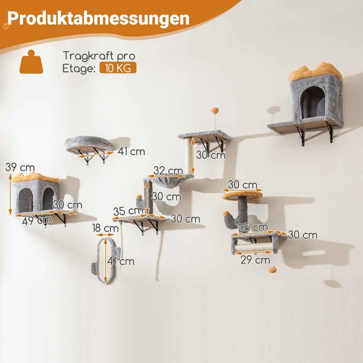 Väggmonterad – kattorn uppsättning Platsbesparande klösträd set med stegs plattform – 2 – Grå
