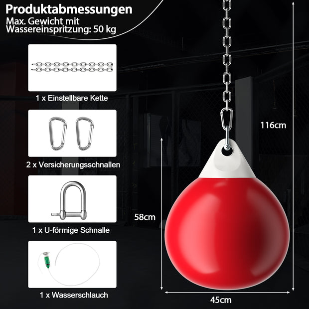 Vattensäck – Boxningssäck med justerbar metallkedja – 50 kg Ø 45 cm – Röd