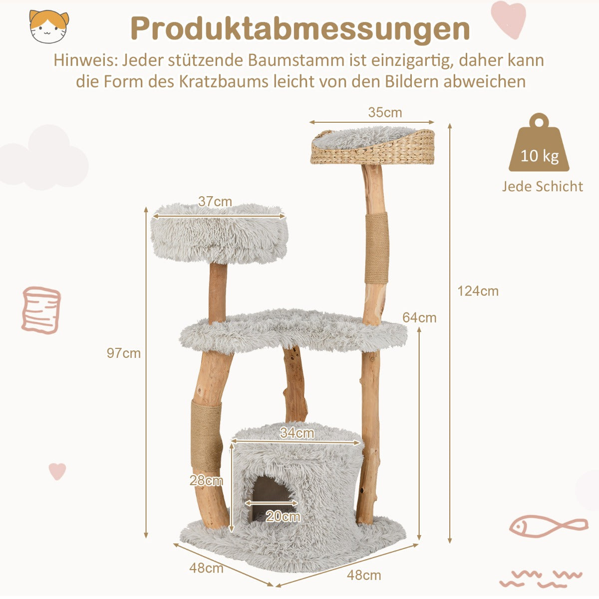 Kattkratzträd – av trä med kattgrotta och plyschsittplats sittplattform, klösträd jutegrå. – 124 cm – Grå