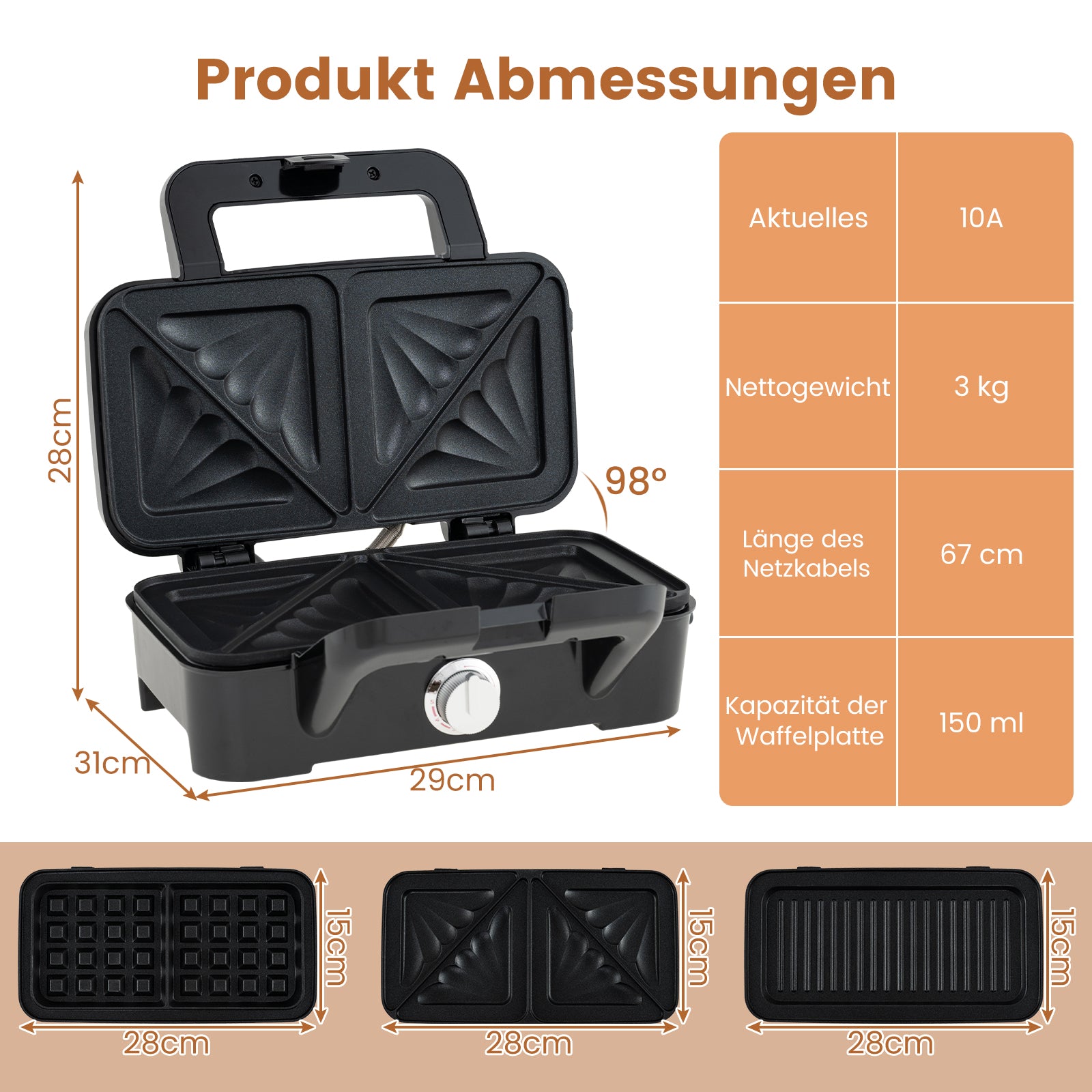 i – Våffeljärn och Panini press Smörgåsgrill Bärbar Elektrisk – 3 1 – Svart