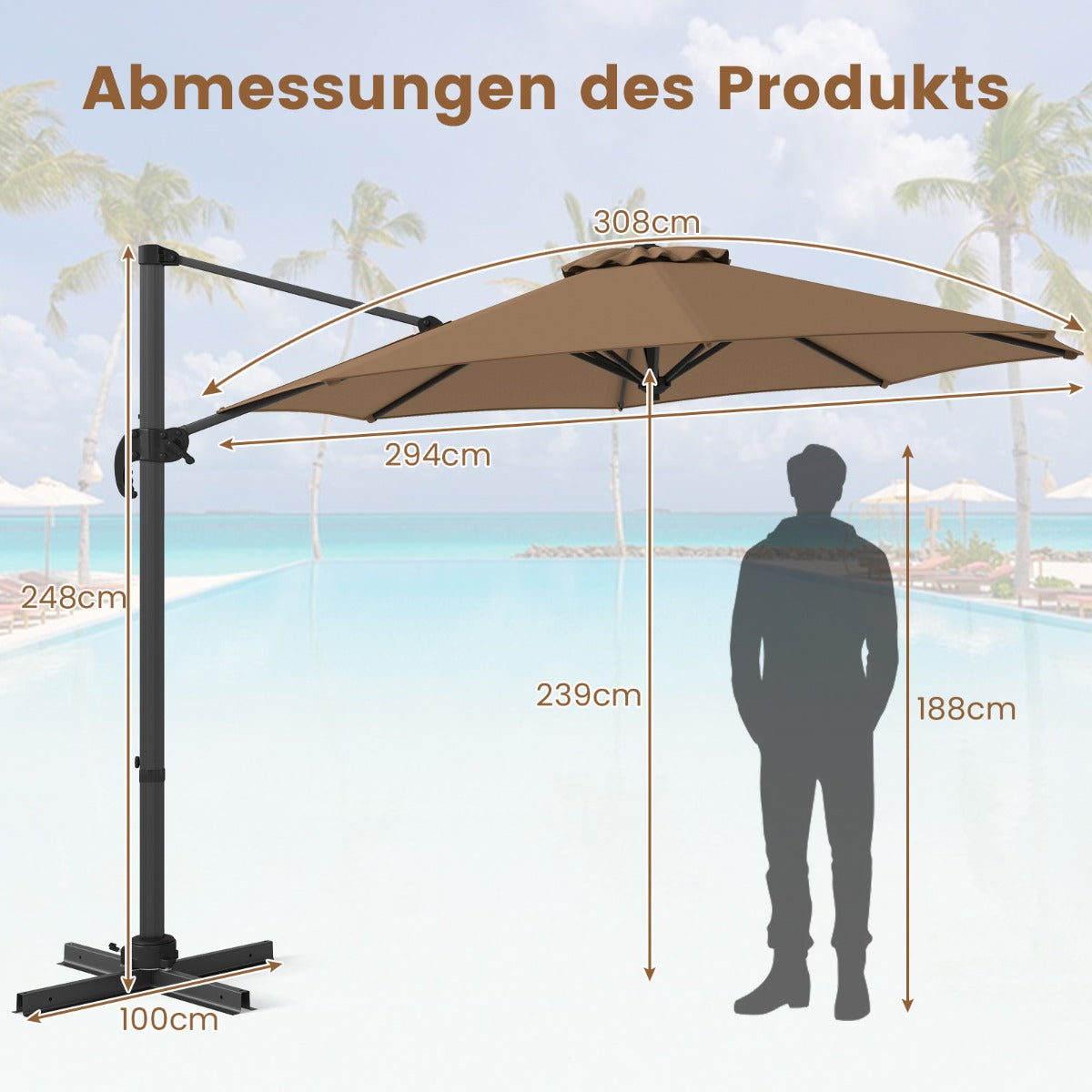 Solparasoll – med vev 360° roterbart sidoparasollet trädgårdsparasollet marknadsparasollet – 300 x 300 cm – Brun