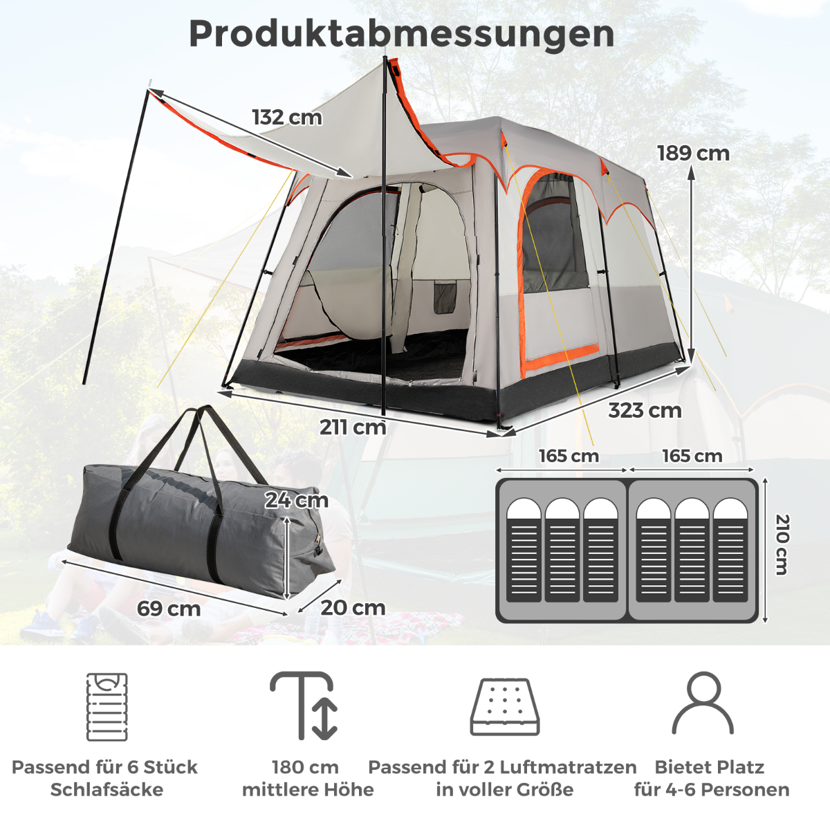 Campingtält – för personer med rumsavdelare och regnskydd – 6 2 – Ljusgrå