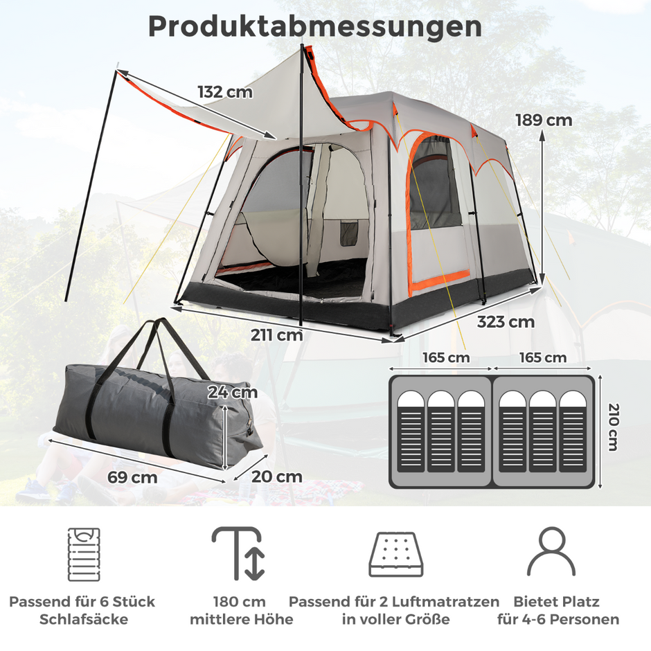 Campingtält – för personer med rumsavdelare och regnskydd – 6 2 – Ljusgrå