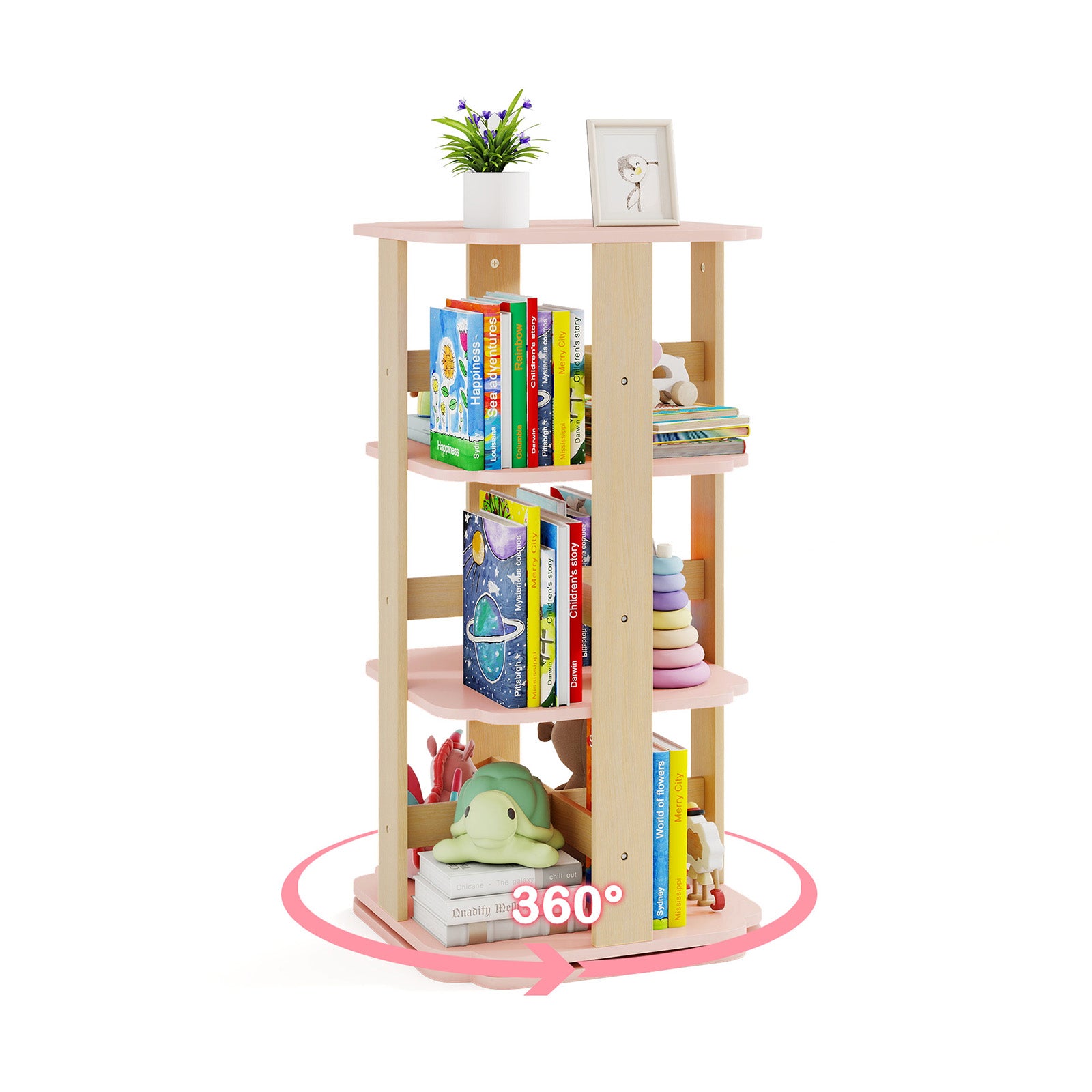 Barnbokhylla – 360° roterbar vånings leksakshylla med fack – 3 12 48 x 48 x 95,5 cm – Rosa