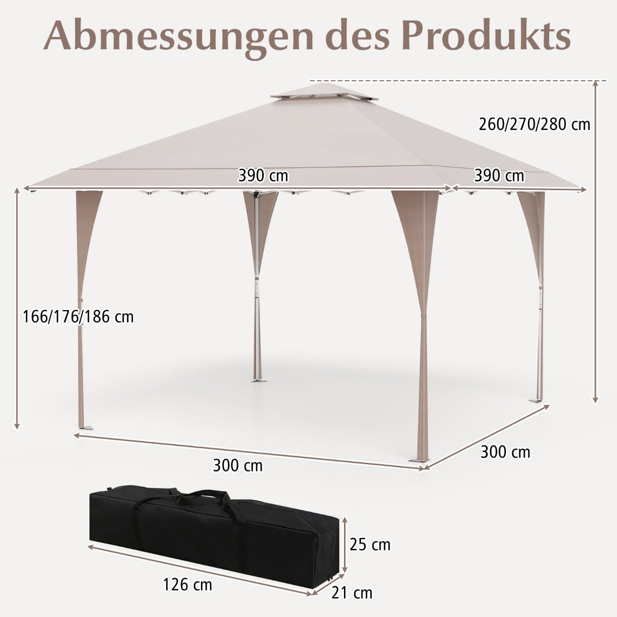 Pop – Up paviljong med dubbelt tak och metallram Höj sänkbart – 4 x 4 m – Khaki