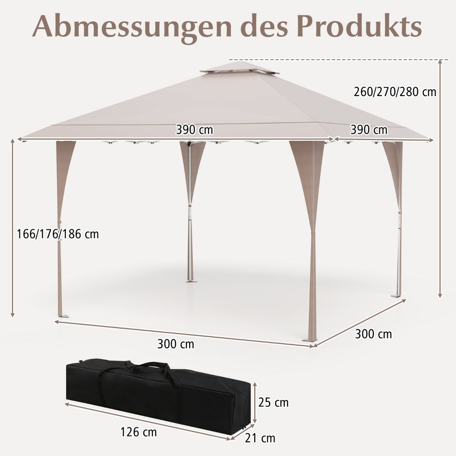 Pop – Up paviljong med dubbelt tak och metallram Höj sänkbart – 4 x 4 m – Khaki