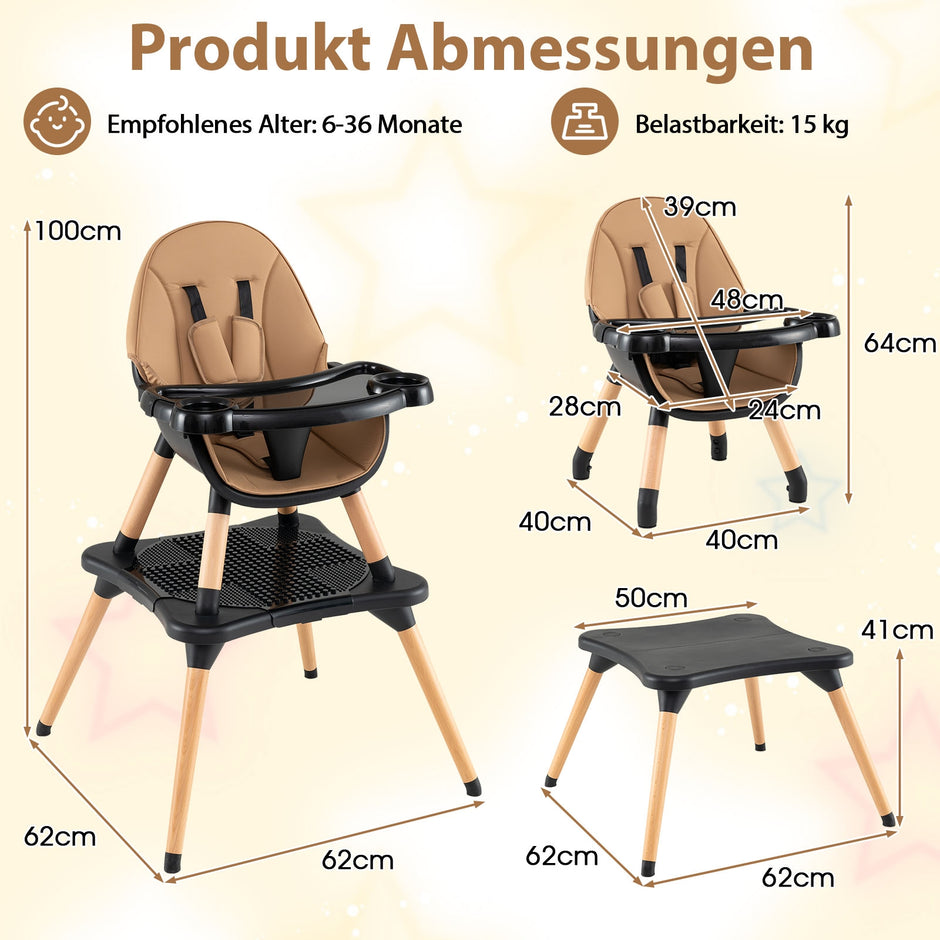 i – Baby hög stol med byggsten bord och avtagbart dubbelbricka – 6 1 – Brun