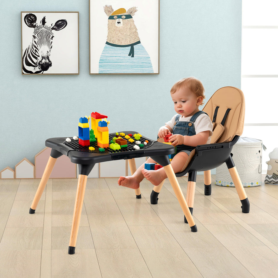 i – Baby hög stol med byggsten bord och avtagbart dubbelbricka – 6 1 – Brun