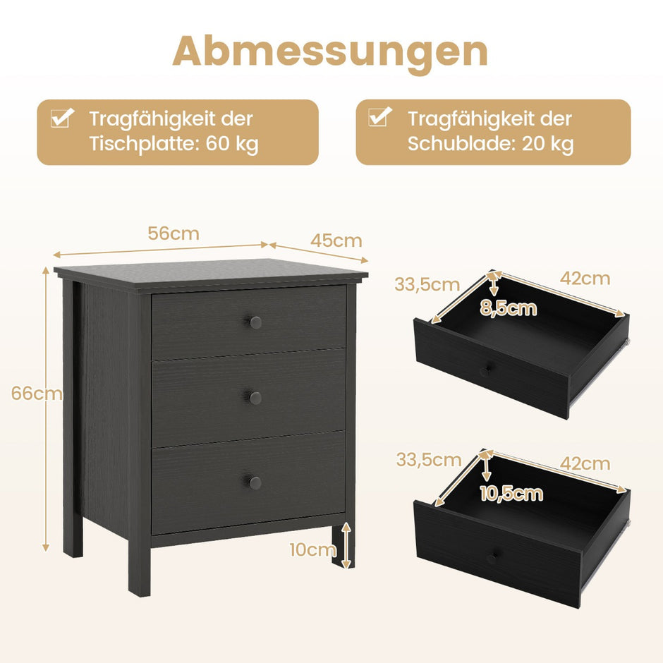 Nattduksbord – med lådor Nattbord för boxsäng – 3 56 x 45 x 66 cm – Svart