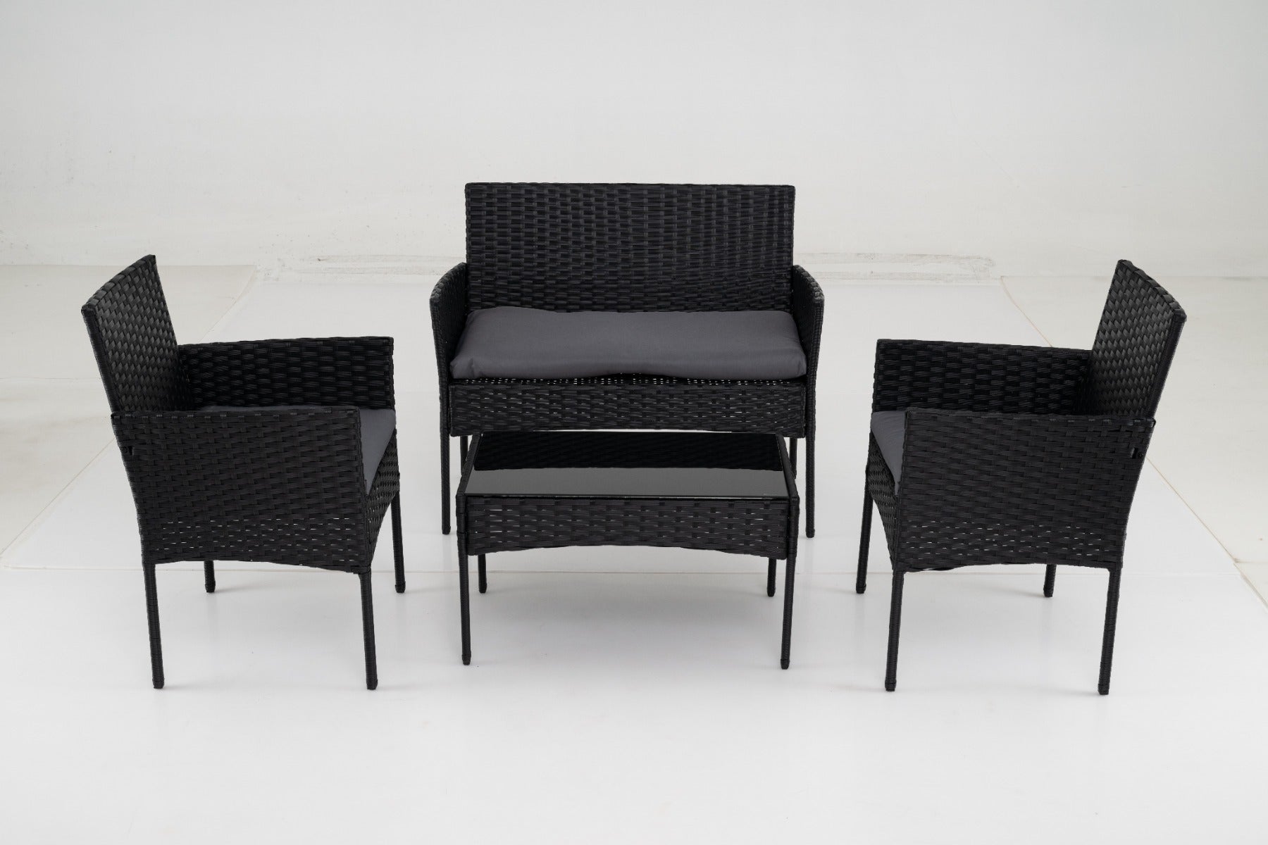 Rattangårdsmöbler – set med stolar, bänk, bord och kudde, sittgrupp, trädgårdsmöbler – 2 – Grå