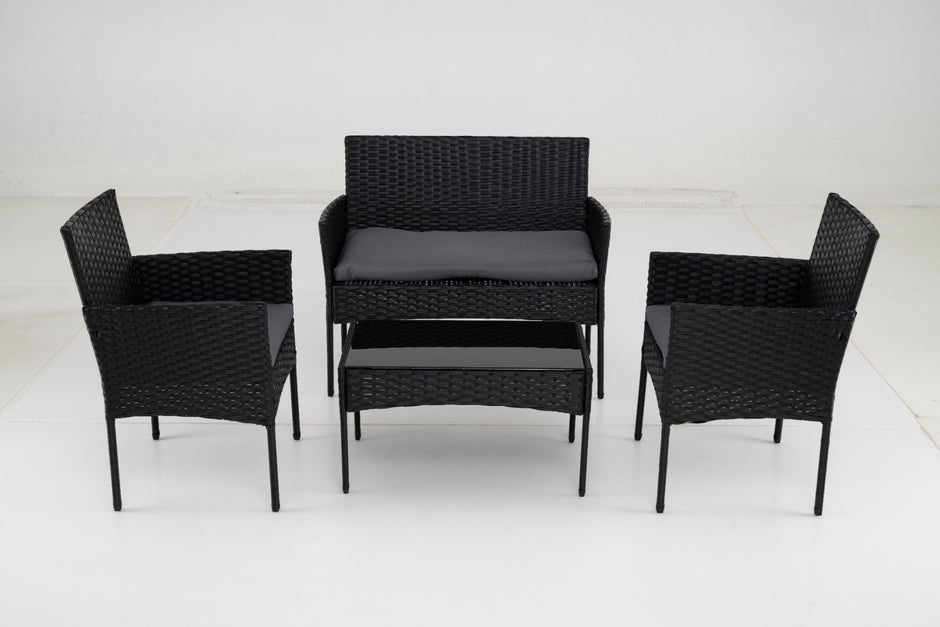 Rattangårdsmöbler – set med stolar, bänk, bord och kudde, sittgrupp, trädgårdsmöbler – 2 – Grå