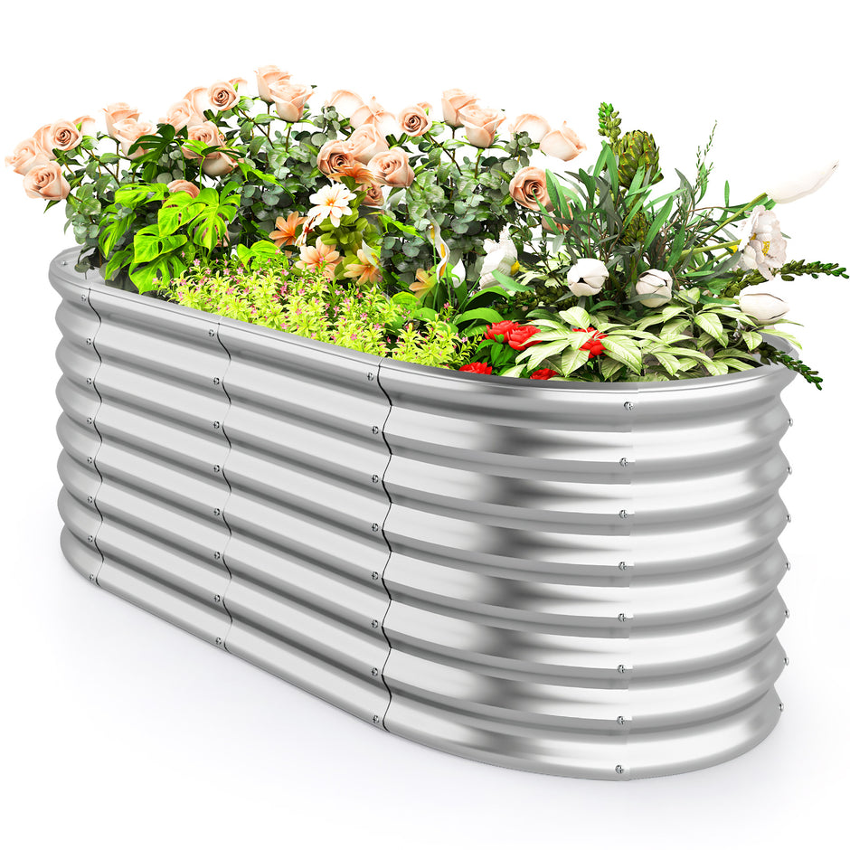 Metall – Oval Höjdodling med Öppen Botten Planteringslåda Förkultivering Wellpapp Blomrabatt – Silver
