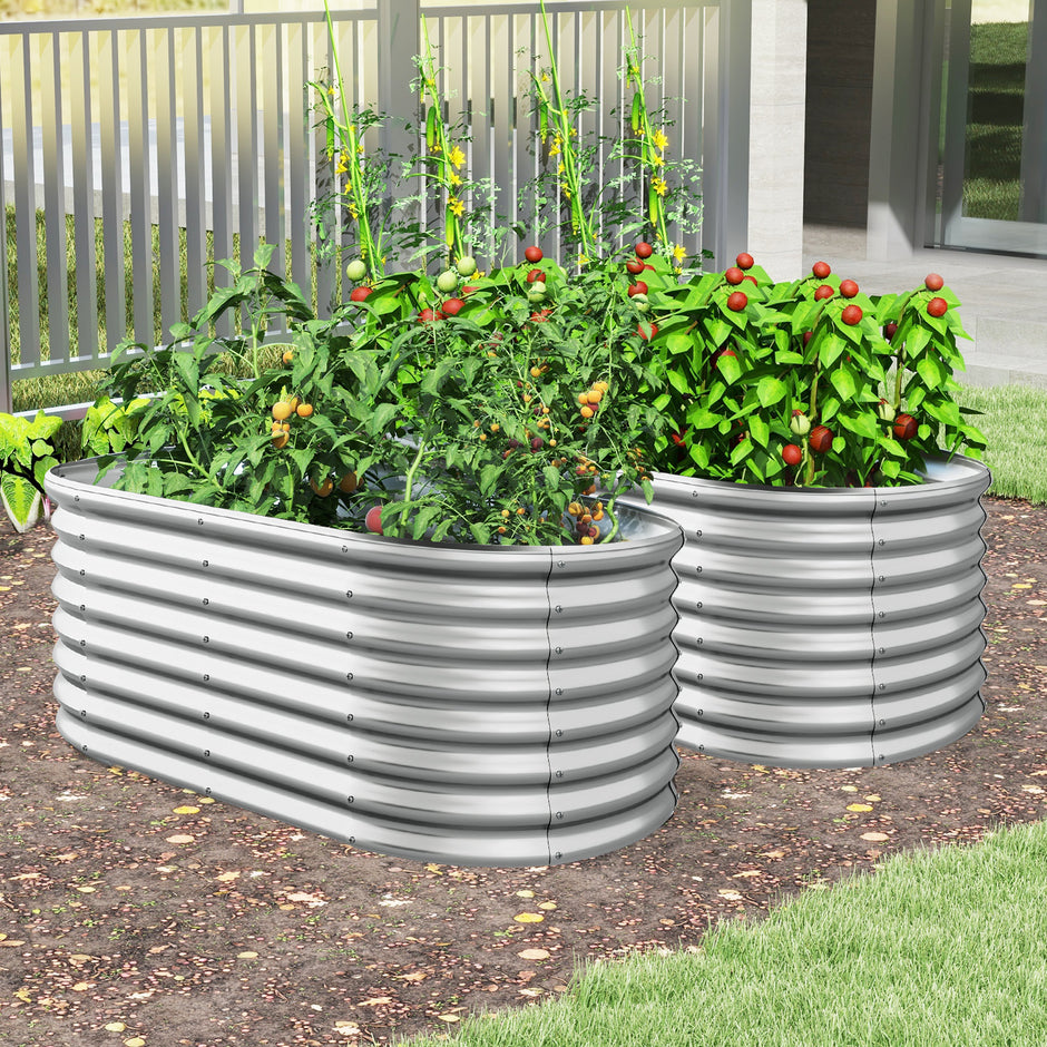 Metall – Oval Höjdodling med Öppen Botten Planteringslåda Förkultivering Wellpapp Blomrabatt – Silver