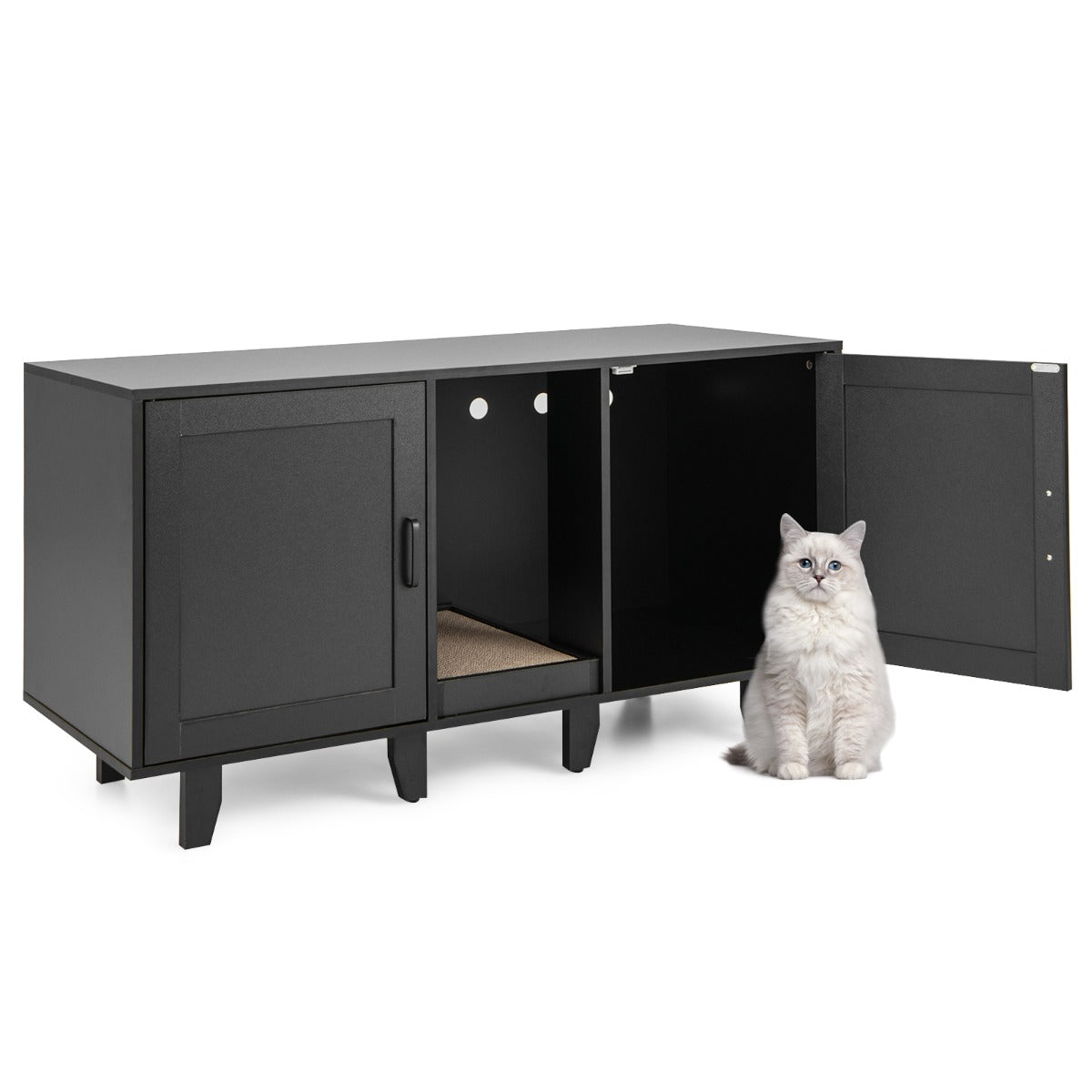 Kattkabinet – för Katttoalett med Kratzbräda och Dörrar Ingang – 2 120 x 52 x 65 cm – Svart