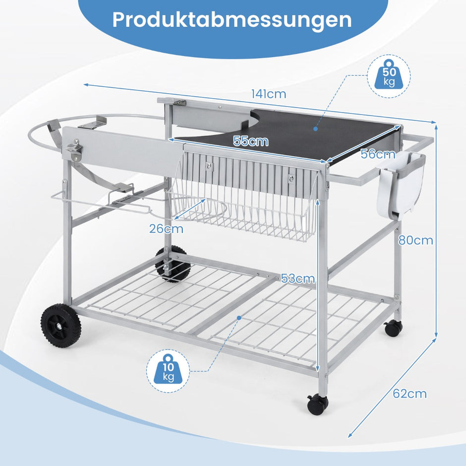 Grillvagn – med hjul, stor arbetsplatta, kryddhylla och papperskorg sidovagn grillbord – 4 – Svart