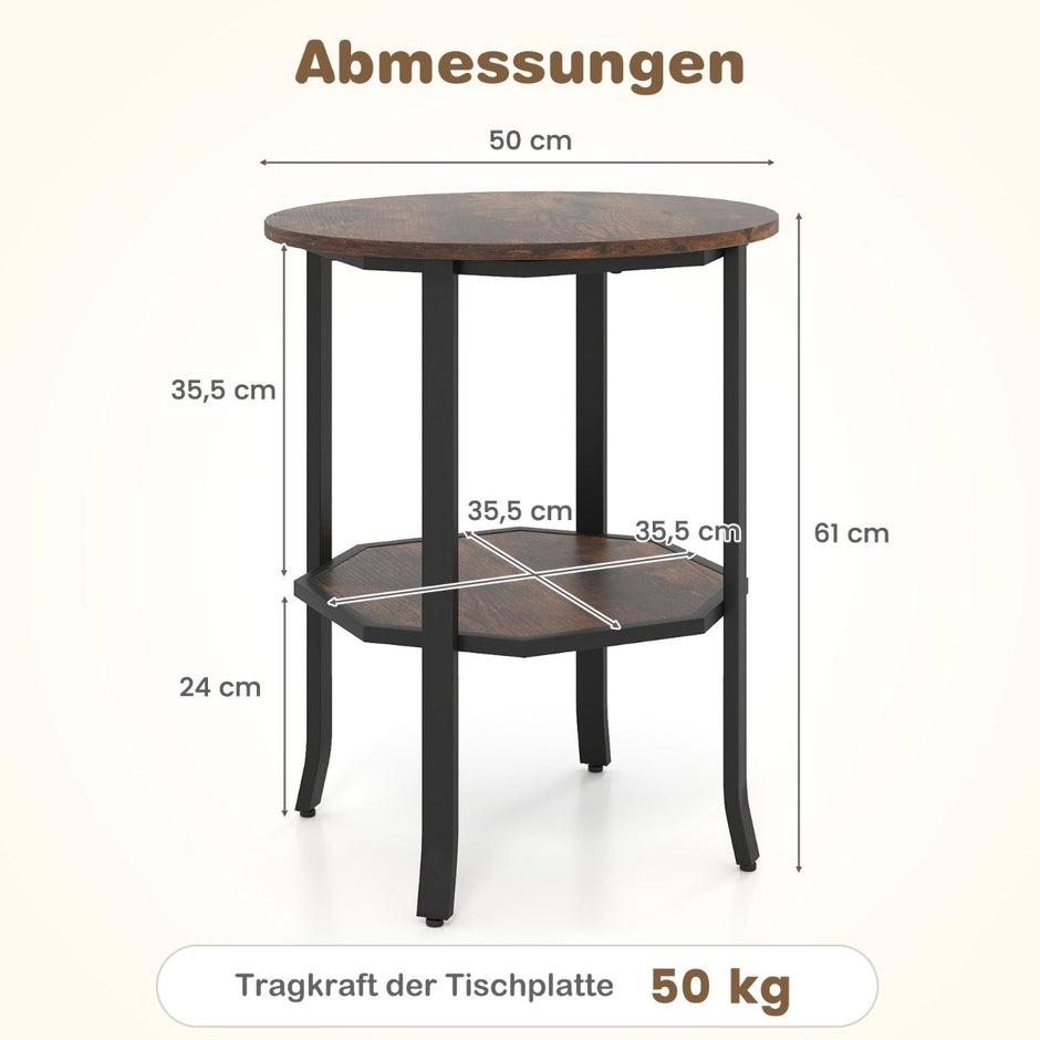 Rund – sidobord stegs med förvaringsfack Industriellt accentbord Nattduksbord robust metallram Rustikt Brunt – 2 – Rustik brun